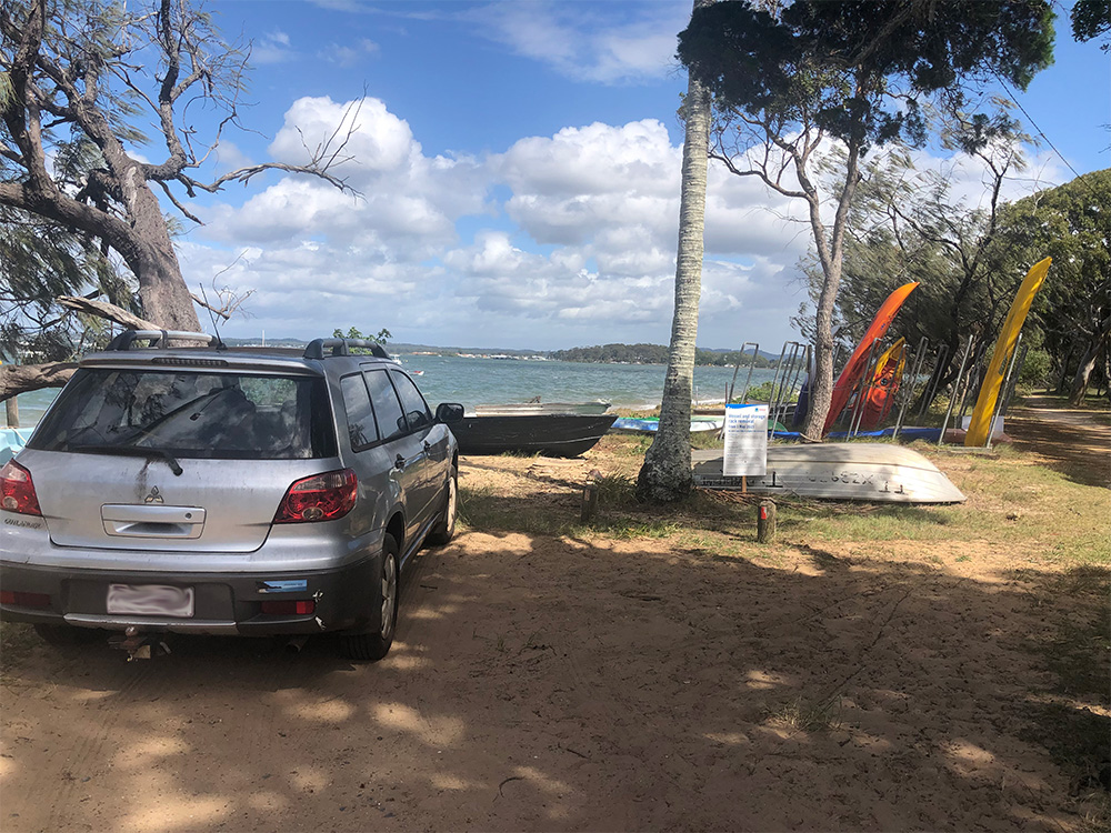 Kayak racks and smaller vessels on Main Beach, southern shoreline of Coochiemudlo Island, that were earmarked for removal in April 2023.